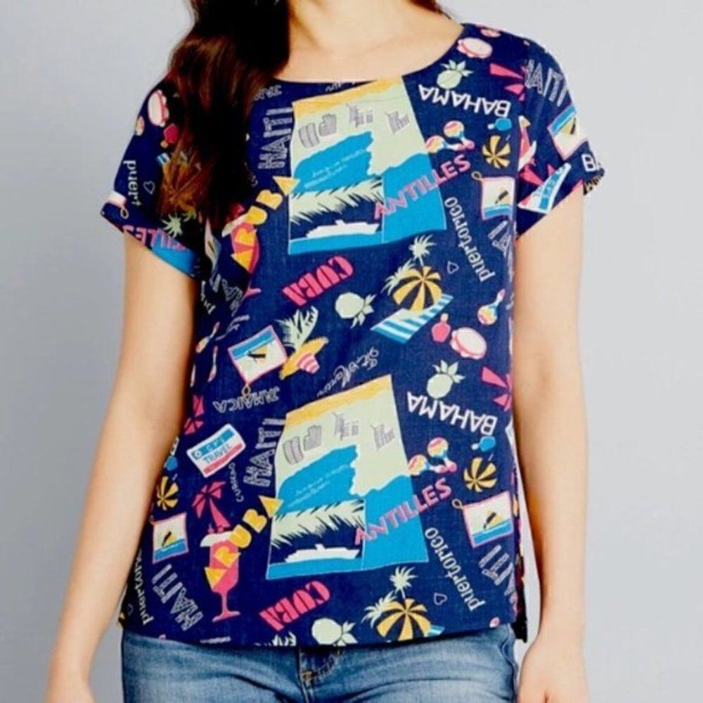 Modcloth Delightful Demeanor Short Sleeve Blouse Linen Navy Blue XS